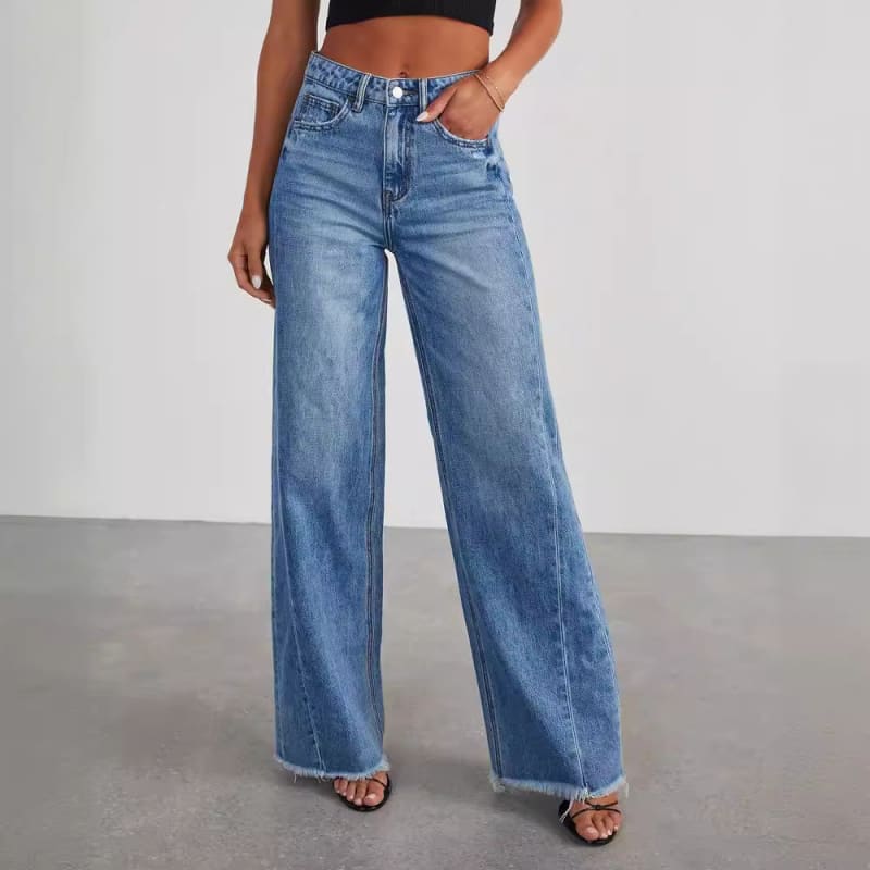 Loose Wide Leg Brushed Hem Denim Jeans for Comfort