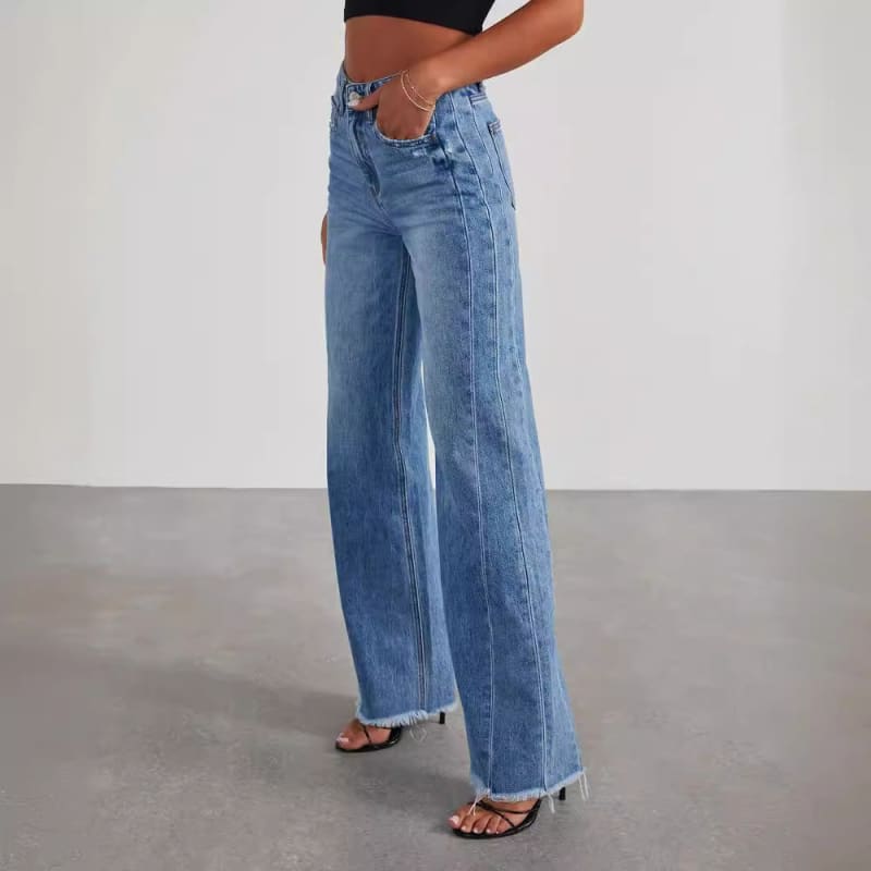 Loose Wide Leg Brushed Hem Denim Jeans for Comfort