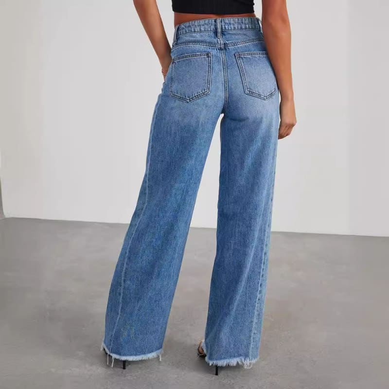 Loose Wide Leg Brushed Hem Denim Jeans for Comfort