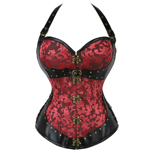 Red and black brocade corset with leather trim and brass hardware.