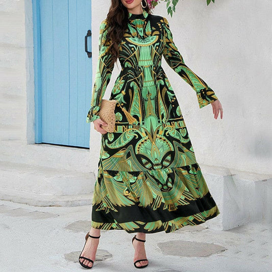 Ladies Middle Eastern Casual Round Neck Dress Green / S