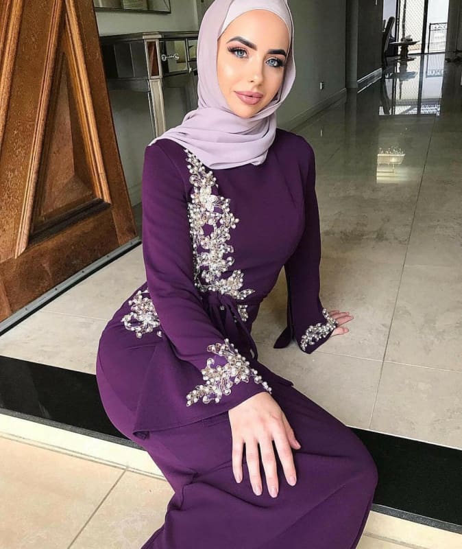 Ladies Muslim Embroidered Dress in Black Purple White