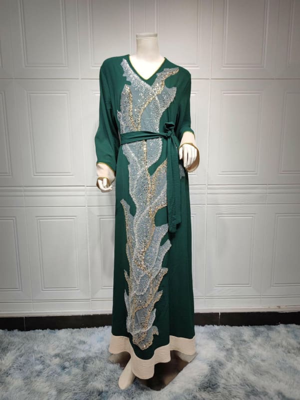 Ladies Muslim Robe Sequin Embroidered Fashion Glamour Green