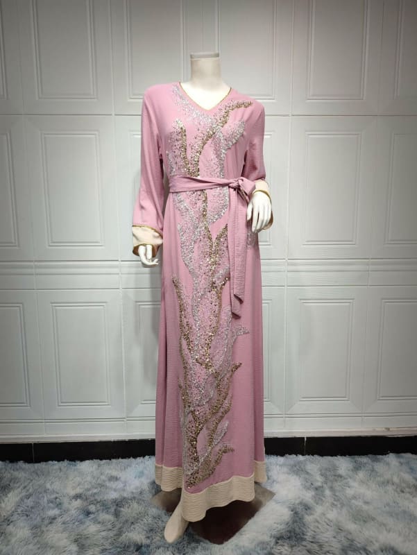 Ladies Muslim Robe Sequin Embroidered Fashion Glamour Pink