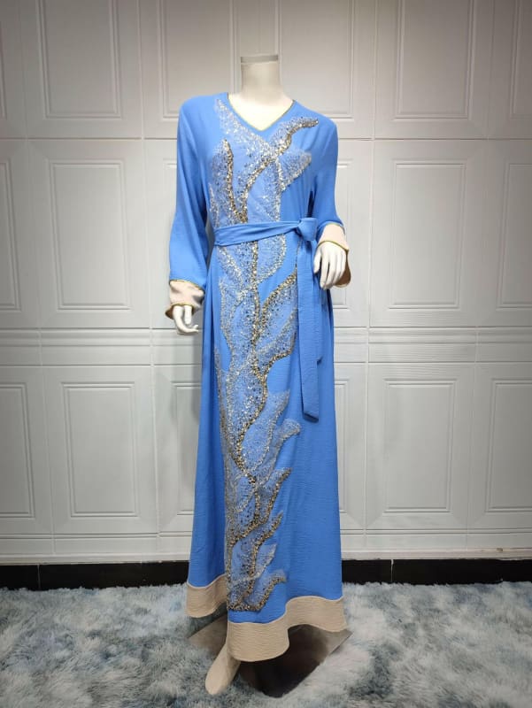 Ladies Muslim Robe Sequin Embroidered Fashion Glamour Sky