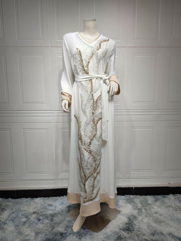 Ladies Muslim Robe Sequin Embroidered Fashion Glamour White