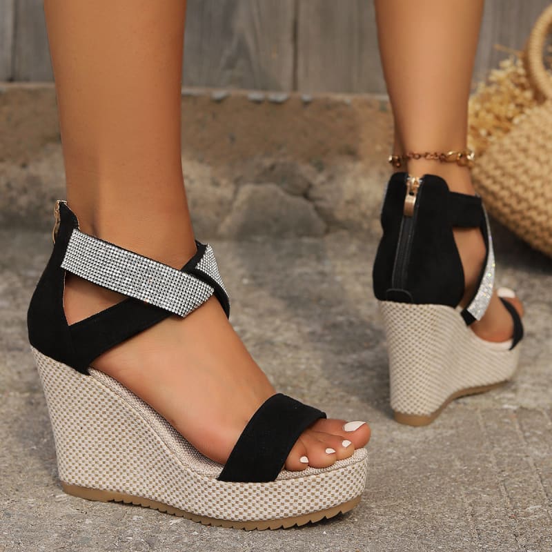 Ladies Open Toe High Wedge Sandals With Rhinestone Detail