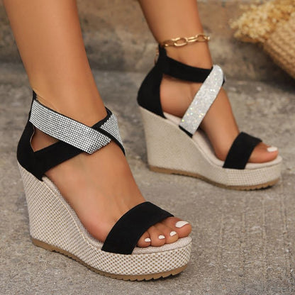 Ladies Open Toe High Wedge Sandals with Rhinestone Detail