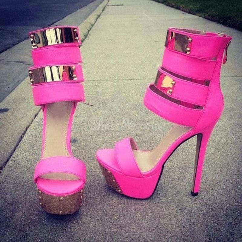 Ladies Open Toe Studded Platform Heel Shoes Pink / 34