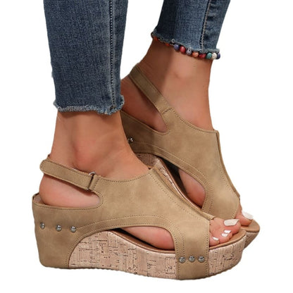 Stylish Ladies Open Toe Sandals with High Wedge and Studded