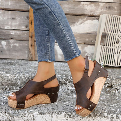 Stylish Ladies Open Toe Sandals with High Wedge and Studded