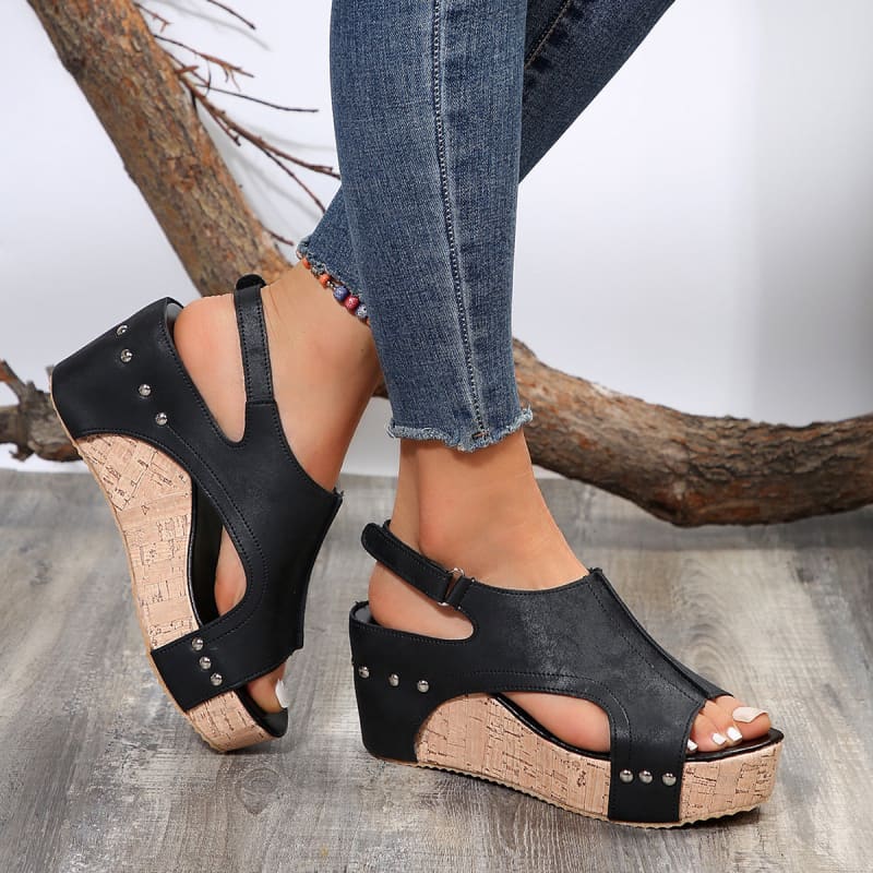 Stylish Ladies Open Toe Sandals with High Wedge and Studded