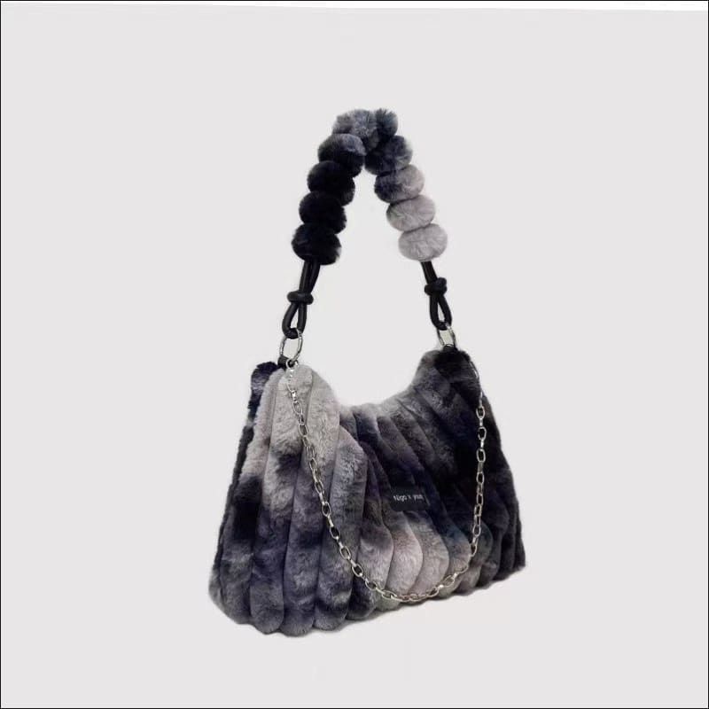 Plush grey and black handbag with soft fur exterior and chain detail for ladies plush retro style.