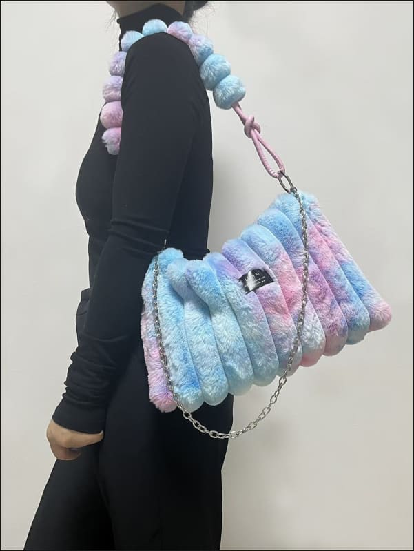 Fluffy pastel pink and blue striped Ladies Plush Retro Crossbody with soft fur exterior.