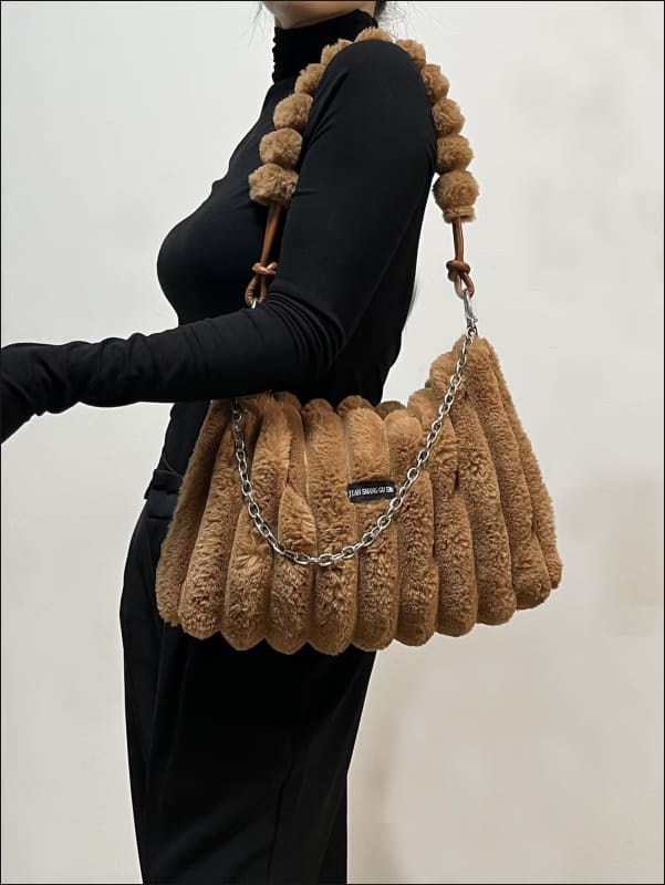 Plush beige handbag with scalloped quilting and chain detail for Ladies Plush Retro Crossbody.