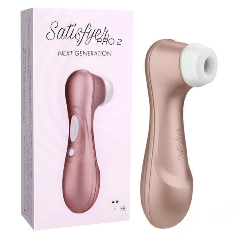 Sleek, rose gold-colored personal massager device with a curved ergonomic shape and white nozzle attachment.