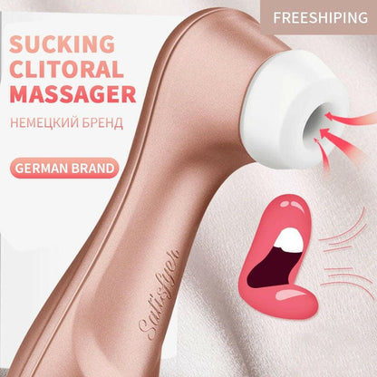 A rose gold-colored personal massager device with a white tip and suction feature.