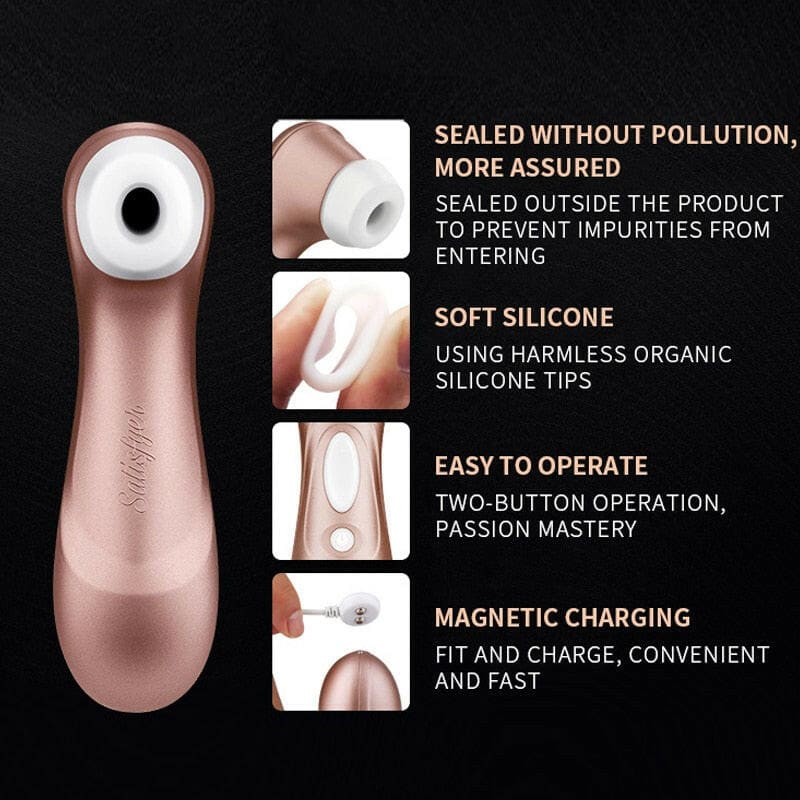 Rose gold-colored electronic personal massager with multiple features highlighted.