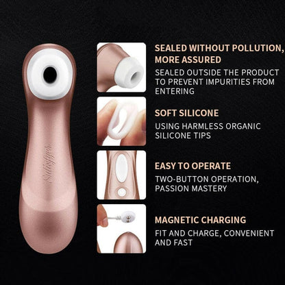 Rose gold-colored electronic personal massager with multiple features highlighted.