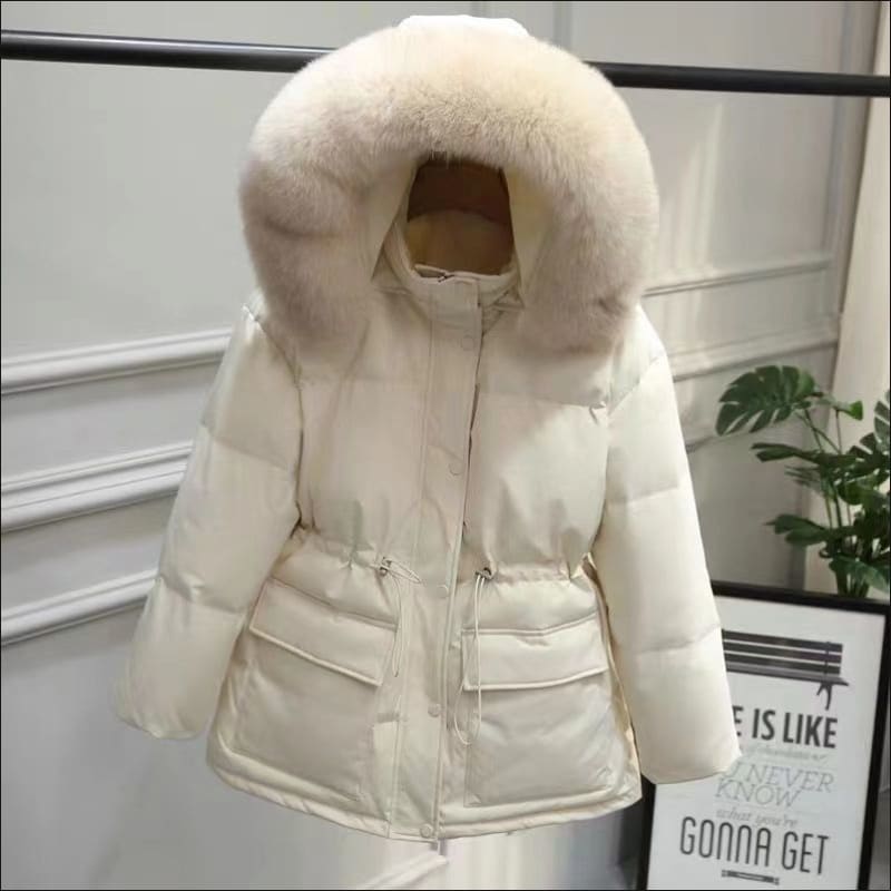 Ladies Quilted Big Fur Collar Hooded Parka Coat Beige / M