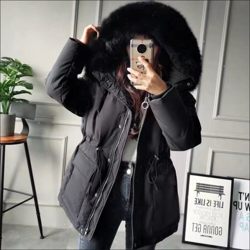 Ladies Quilted Big Fur Collar Hooded Parka Coat Black / M