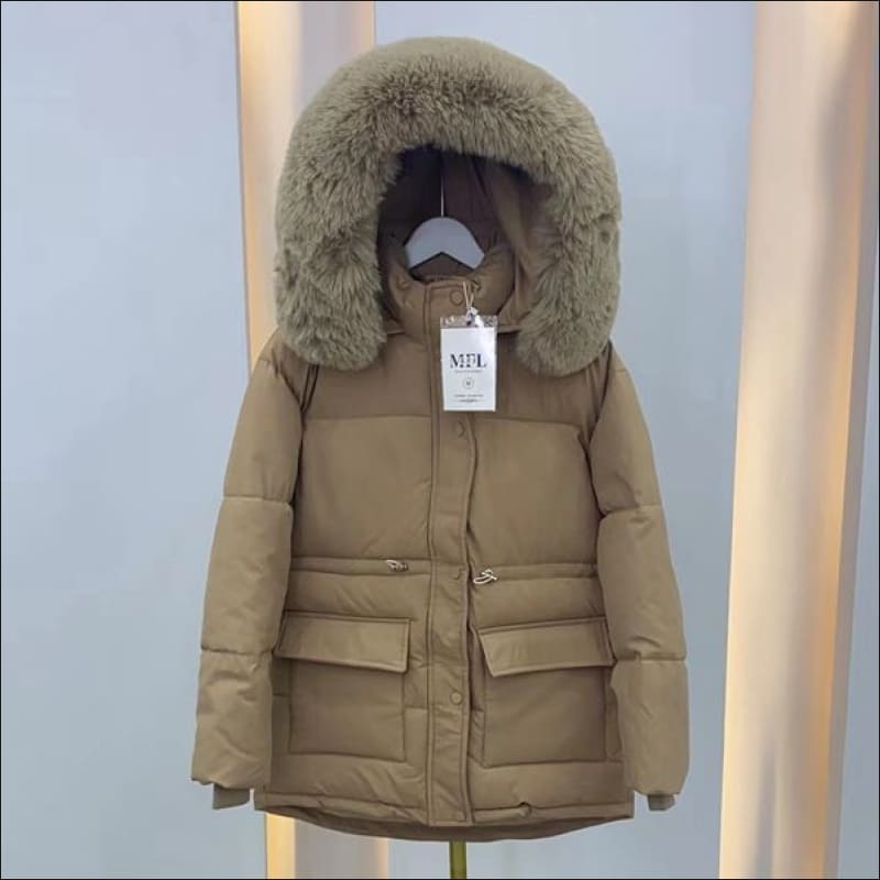 Ladies Quilted Big Fur Collar Hooded Parka Coat