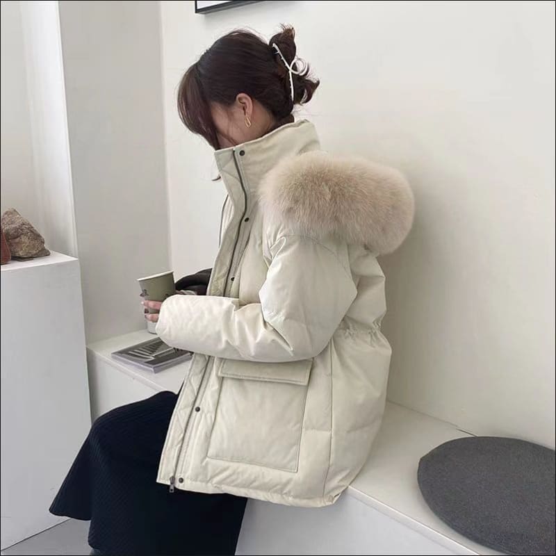 Ladies Quilted Big Fur Collar Hooded Parka Coat