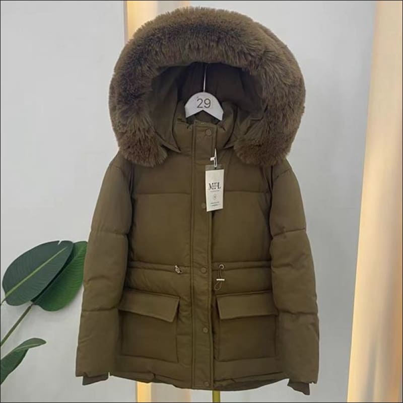 Ladies Quilted Big Fur Collar Hooded Parka Coat Coffee / M