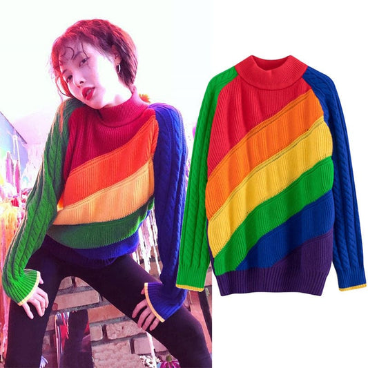 Rainbow-striped turtleneck sweater with vibrant colors.