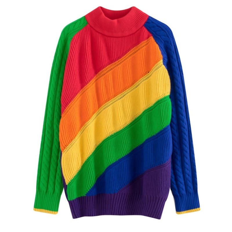 Colorful rainbow-striped knit sweater with a turtleneck collar.