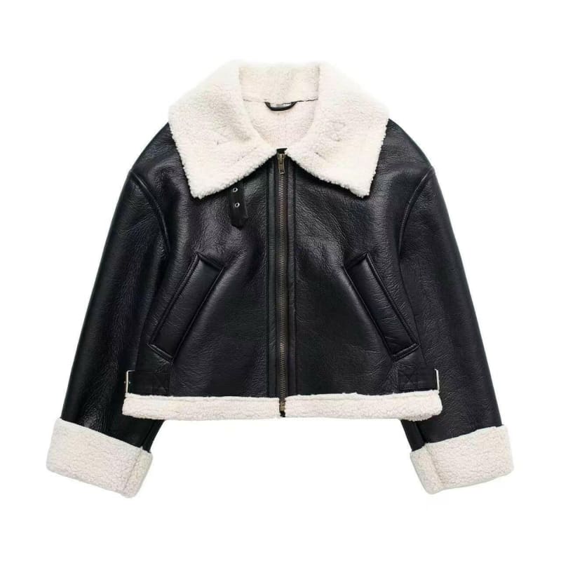 Ladies Retro Fur Double-Sided Short Motorcycle Jacket black