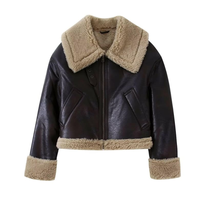 Ladies Retro Fur Double-Sided Short Motorcycle Jacket brown