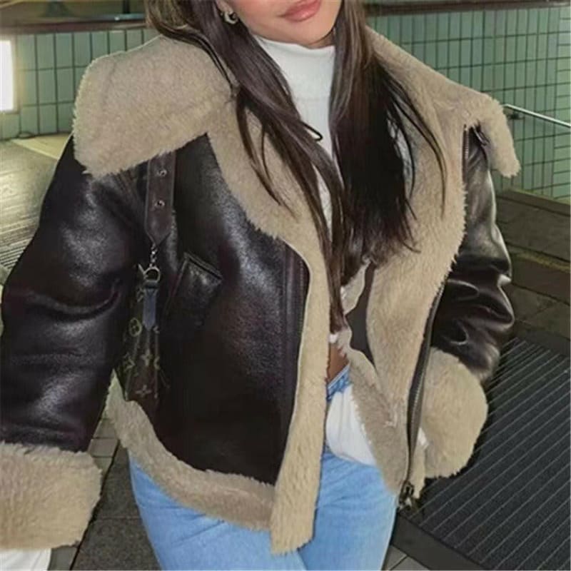 Ladies Retro Fur Double-Sided Short Motorcycle Jacket