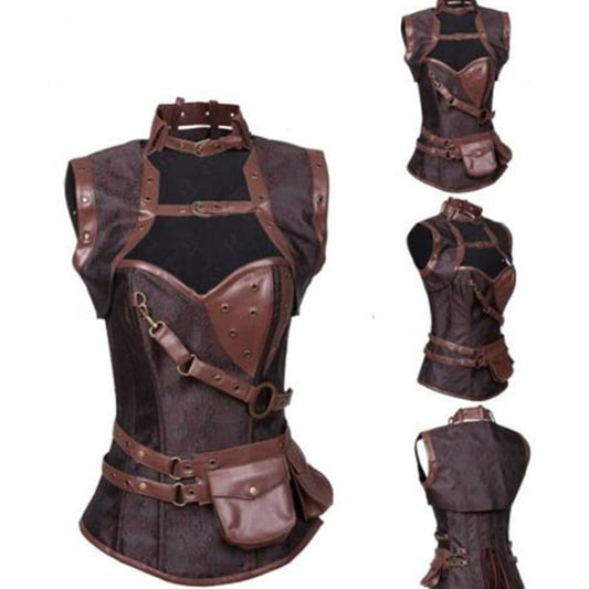 Steampunk-style corset with leather straps, buckles, and a small attached pouch.