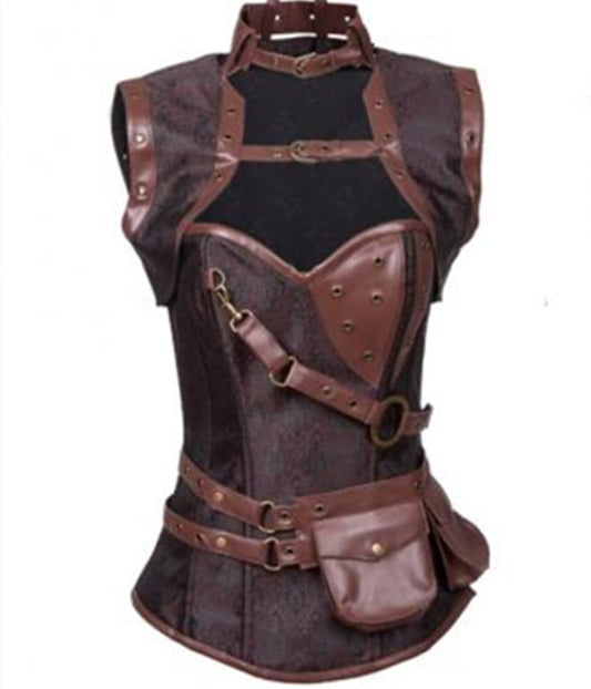 Steampunk-style leather and metal corset with buckles, straps, and a small attached pouch.