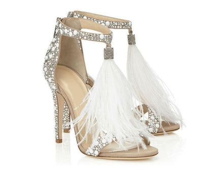 Rhinestone Wedding Shoes Sexy Feather Sandals 34 / Silver