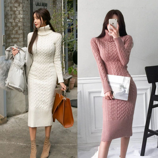 Ladies Roll Neck Knitted Figure Hugging Maxi Dress