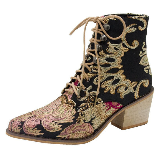 Ornate embroidered ankle boot with laces and a chunky heel.