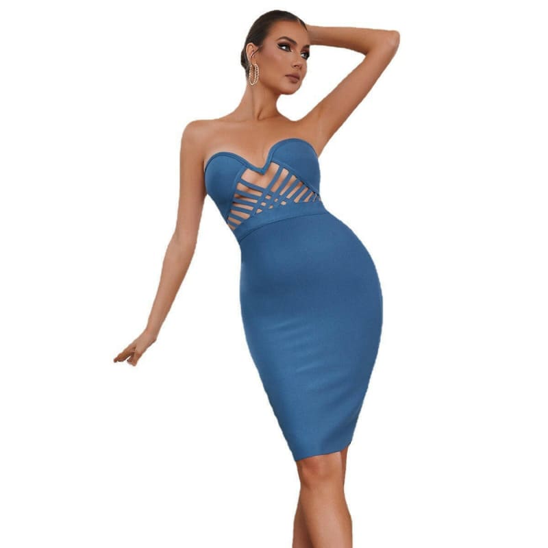 Ladies Sexy Hollowed Strapless Blue Bandage Dress