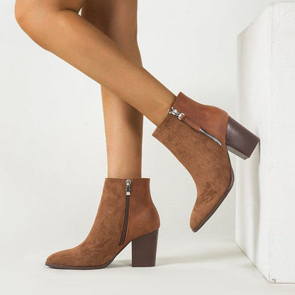 Ladies Short Faux Suede Colour Block Thick High Heel Boots