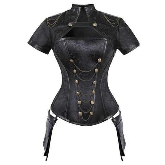 Black leather steampunk-style corset with short sleeves and decorative metal accents.