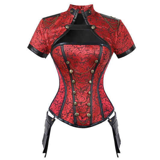 Red and black brocade steampunk-style corset with metal buttons and a high collar.