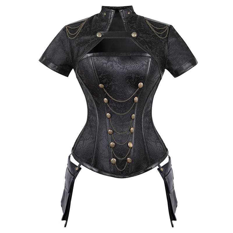 Ladies Steampunk, Button Front Corset With Chain Detail And Leather Piping - Pleasures and Sins   Pleasures and Sins