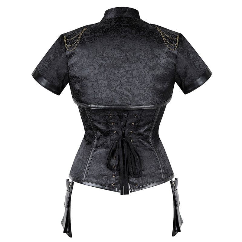 Ladies Steampunk, Button Front Corset With Chain Detail And Leather Piping - Pleasures and Sins   Pleasures and Sins