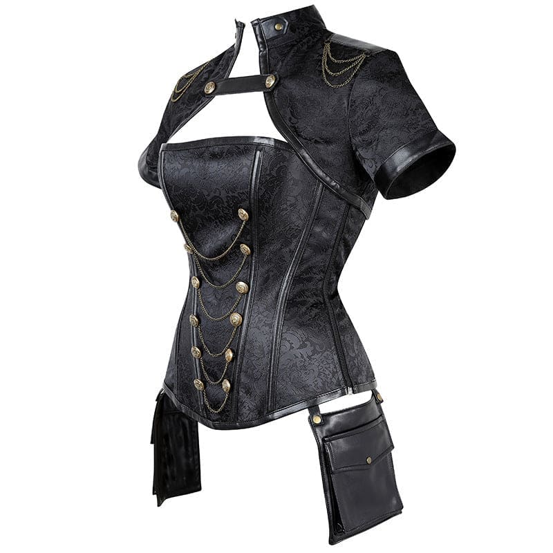 Ladies Steampunk, Button Front Corset With Chain Detail And Leather Piping - Pleasures and Sins   Pleasures and Sins