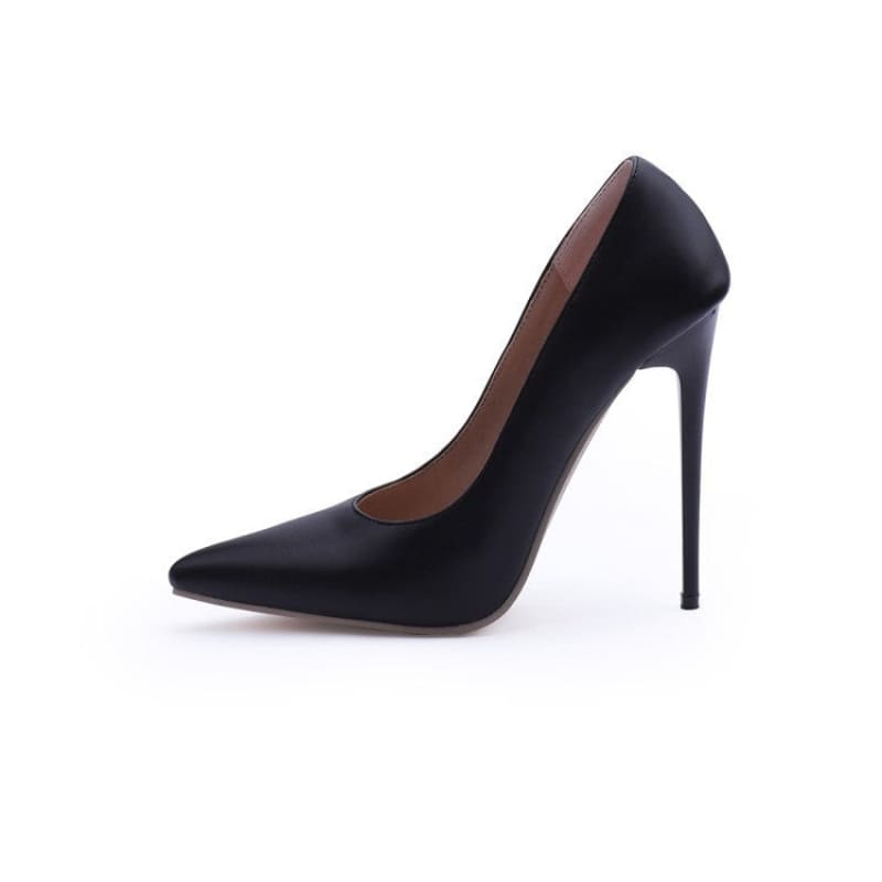 Classic black leather stiletto high heel with pointed toe for ladies’ effortless style.