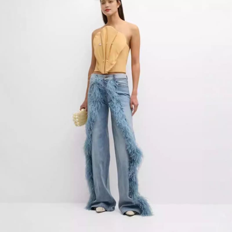 Ladies Stonewash Wide Leg Jeans with Plush Fur Trim