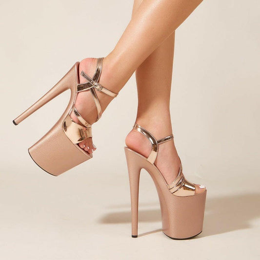 Ladies Strappy High Platform Heel Crossover Shoes Champagne