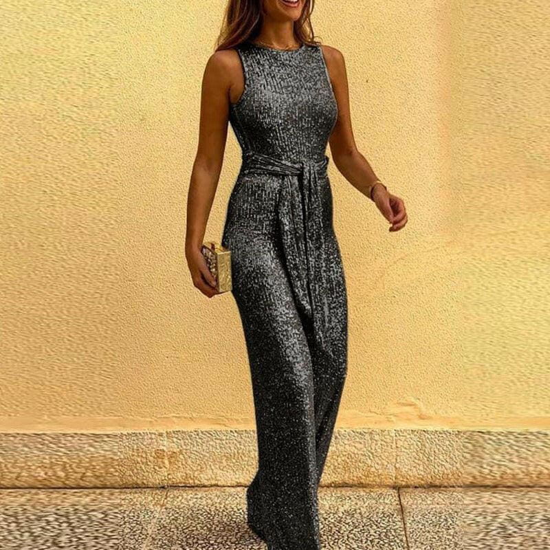 Stunning Round Neck Sleeveless Sequin Jumpsuit Black / S