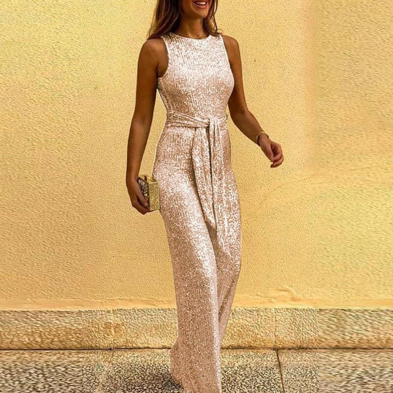 Stunning Round Neck Sleeveless Sequin Jumpsuit Champagne / S